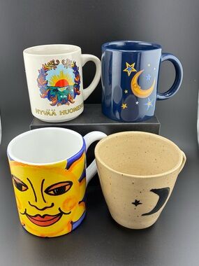 Set of 4 Decorative Ceramic Mugs - Sun, Moon, and Star theme